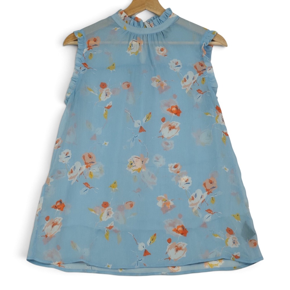 Blue Floral Ruffle Blouse S Sheer Romantic Cottagecore Garden Party Feminine